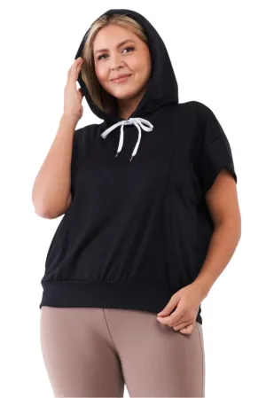 Black Short Wing Sleeve Draw String Tie Hood