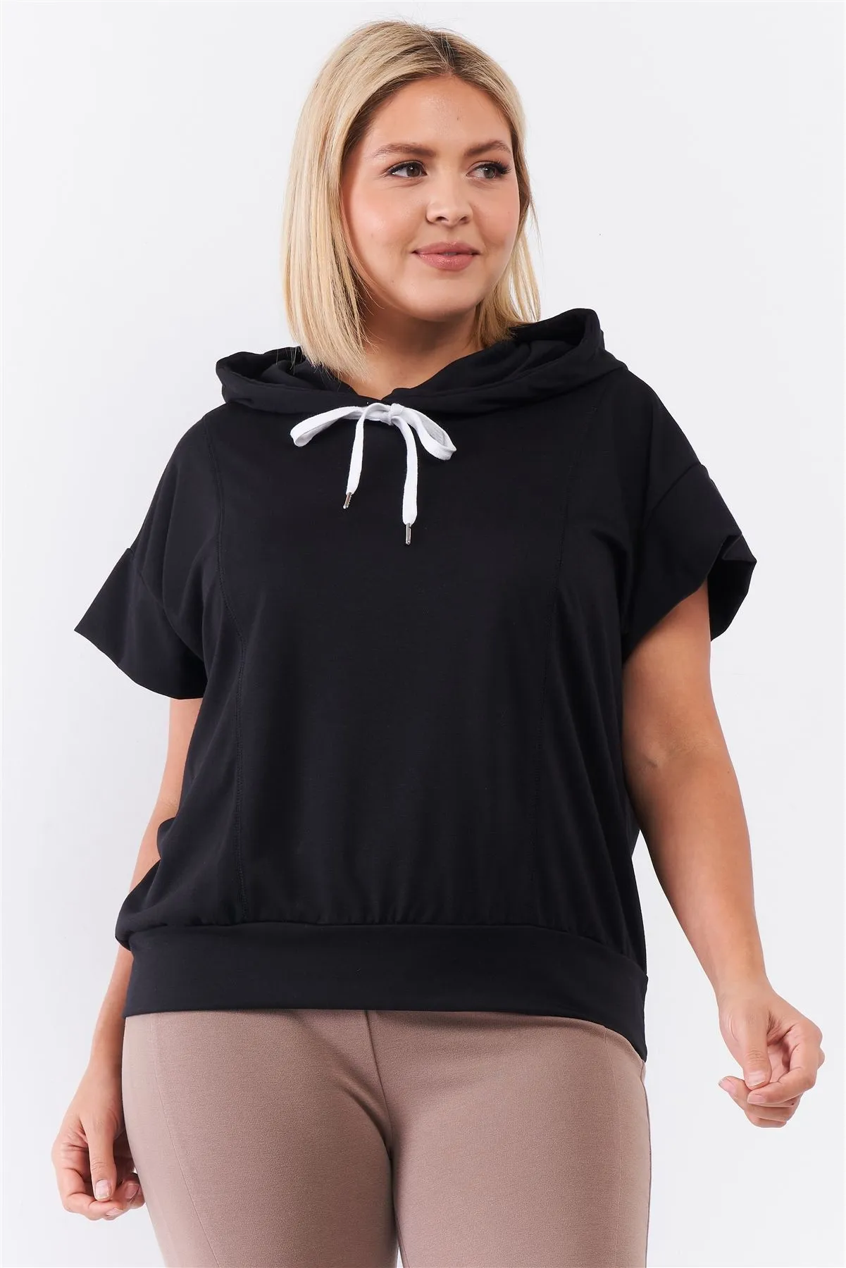 Black Short Wing Sleeve Draw String Tie Hood