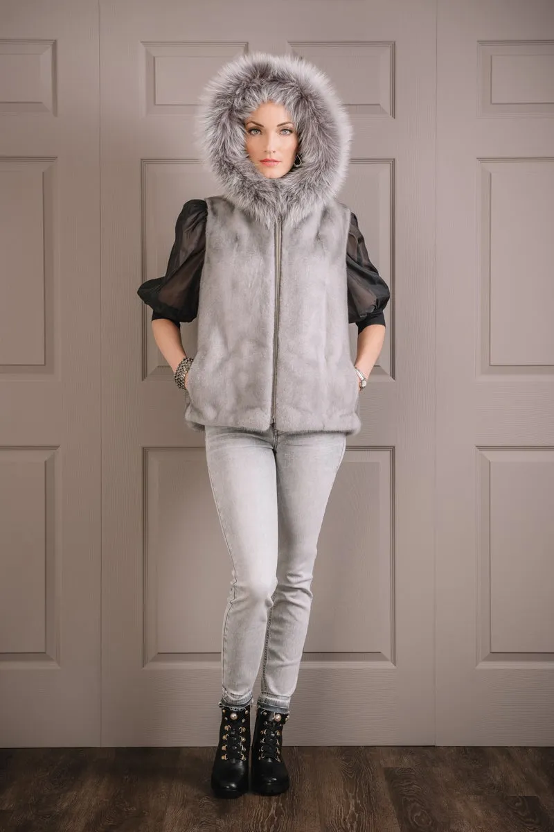 Hooded Zip-Up Sapphire Mink Fur Vest - Fox Fur Hood Trim