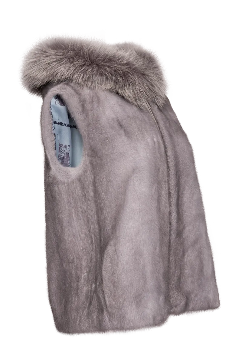 Hooded Zip-Up Sapphire Mink Fur Vest - Fox Fur Hood Trim