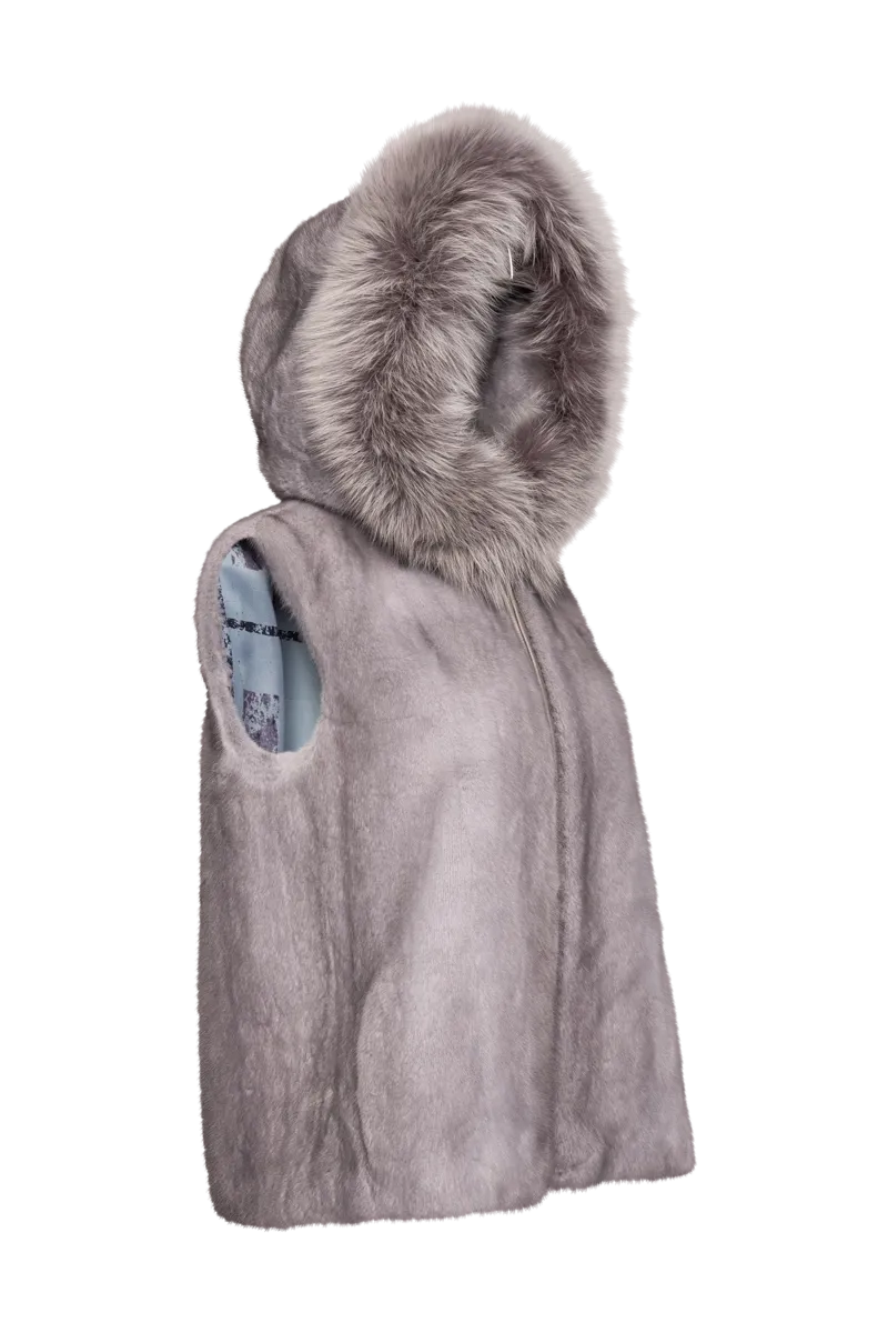 Hooded Zip-Up Sapphire Mink Fur Vest - Fox Fur Hood Trim