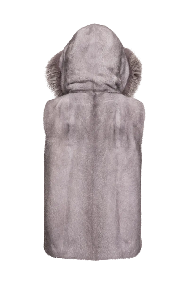 Hooded Zip-Up Sapphire Mink Fur Vest - Fox Fur Hood Trim