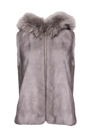 Hooded Zip-Up Sapphire Mink Fur Vest - Fox Fur Hood Trim