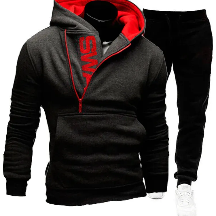 Men's Fleece Pullover Side Zipper Hooded Hoodies Joggers Two Piece Set