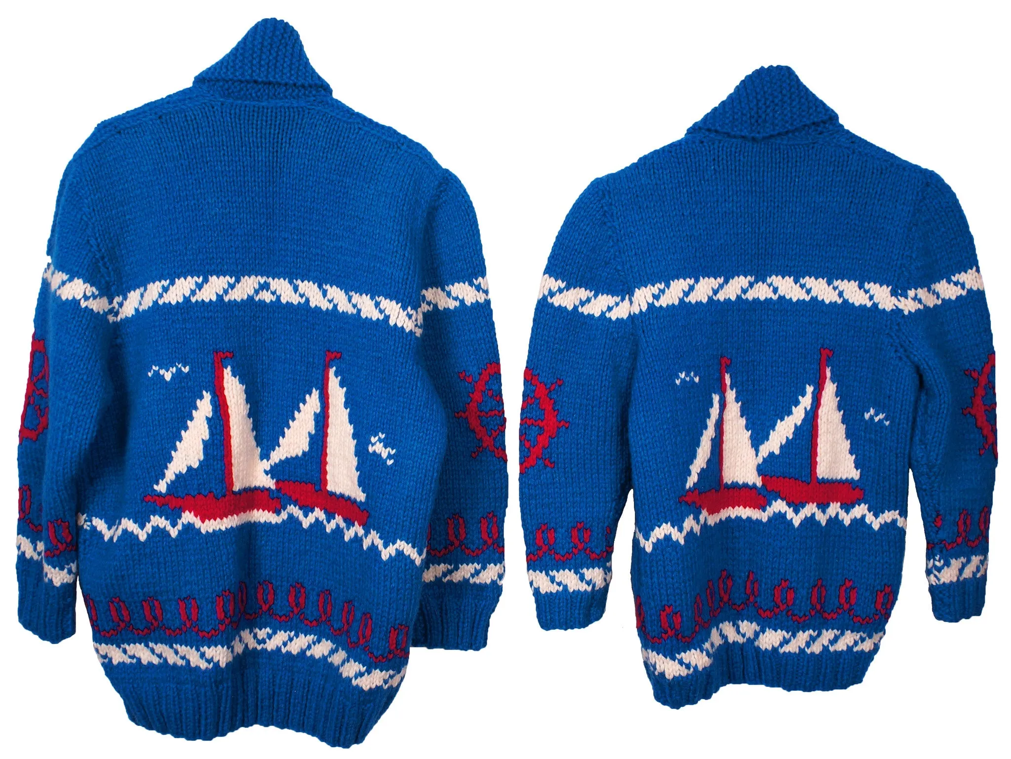 SOLD  - Vintage Mary Maxim Cowichan Sweaters for Father &amp; Son Sailing Time Boat Pattern