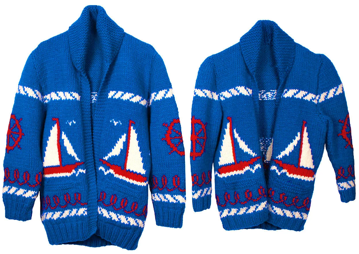 SOLD  - Vintage Mary Maxim Cowichan Sweaters for Father &amp; Son Sailing Time Boat Pattern