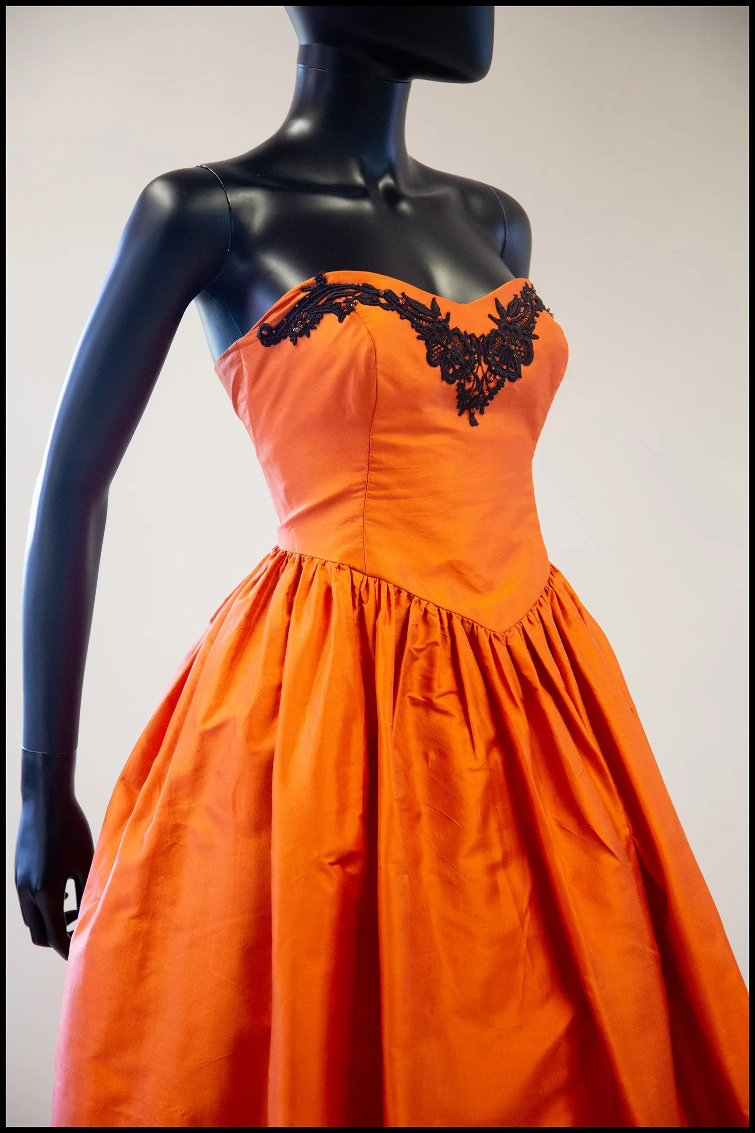 Vintage 1980s Orange Silk Full Skirt Dress M