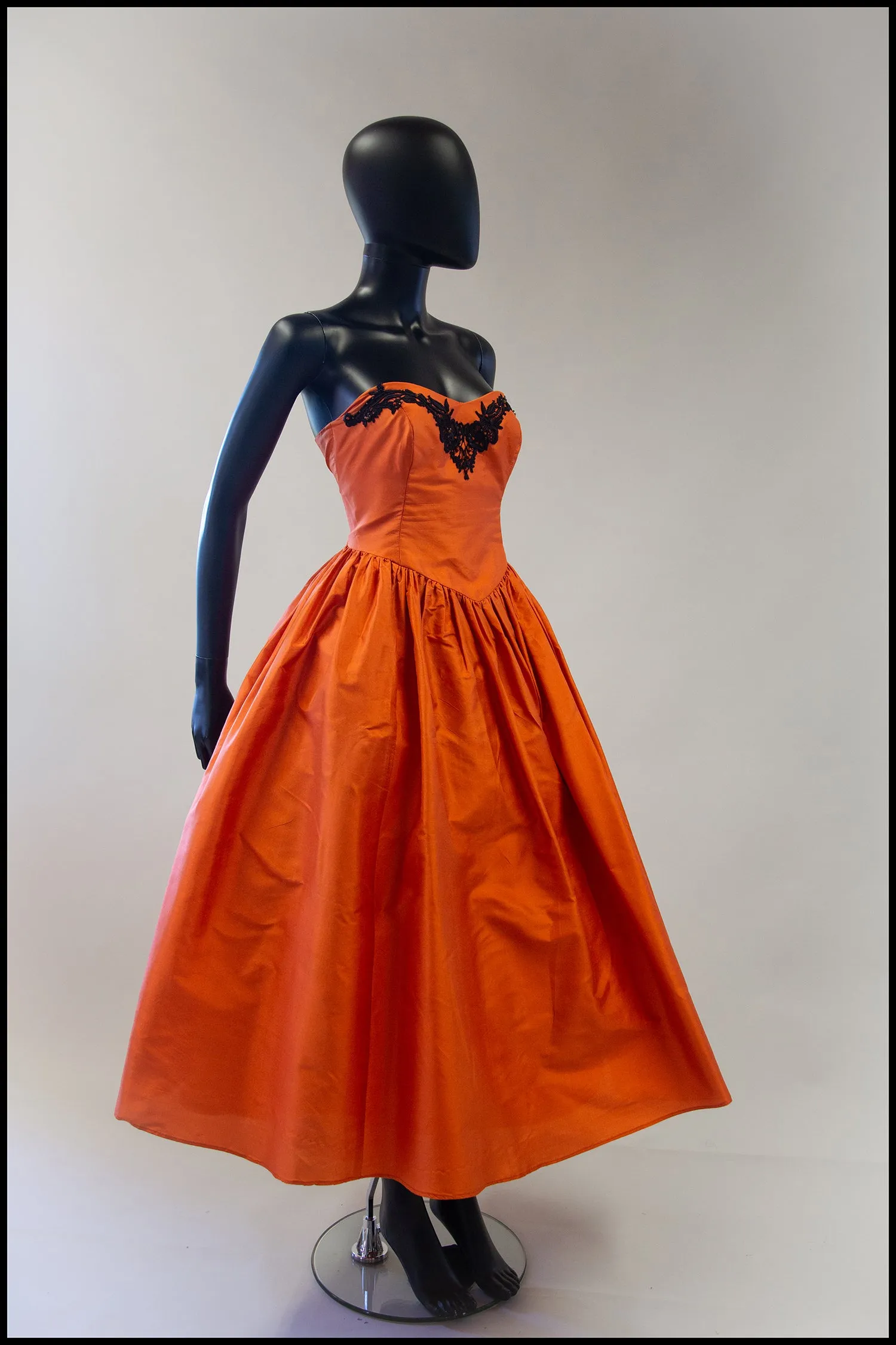 Vintage 1980s Orange Silk Full Skirt Dress M