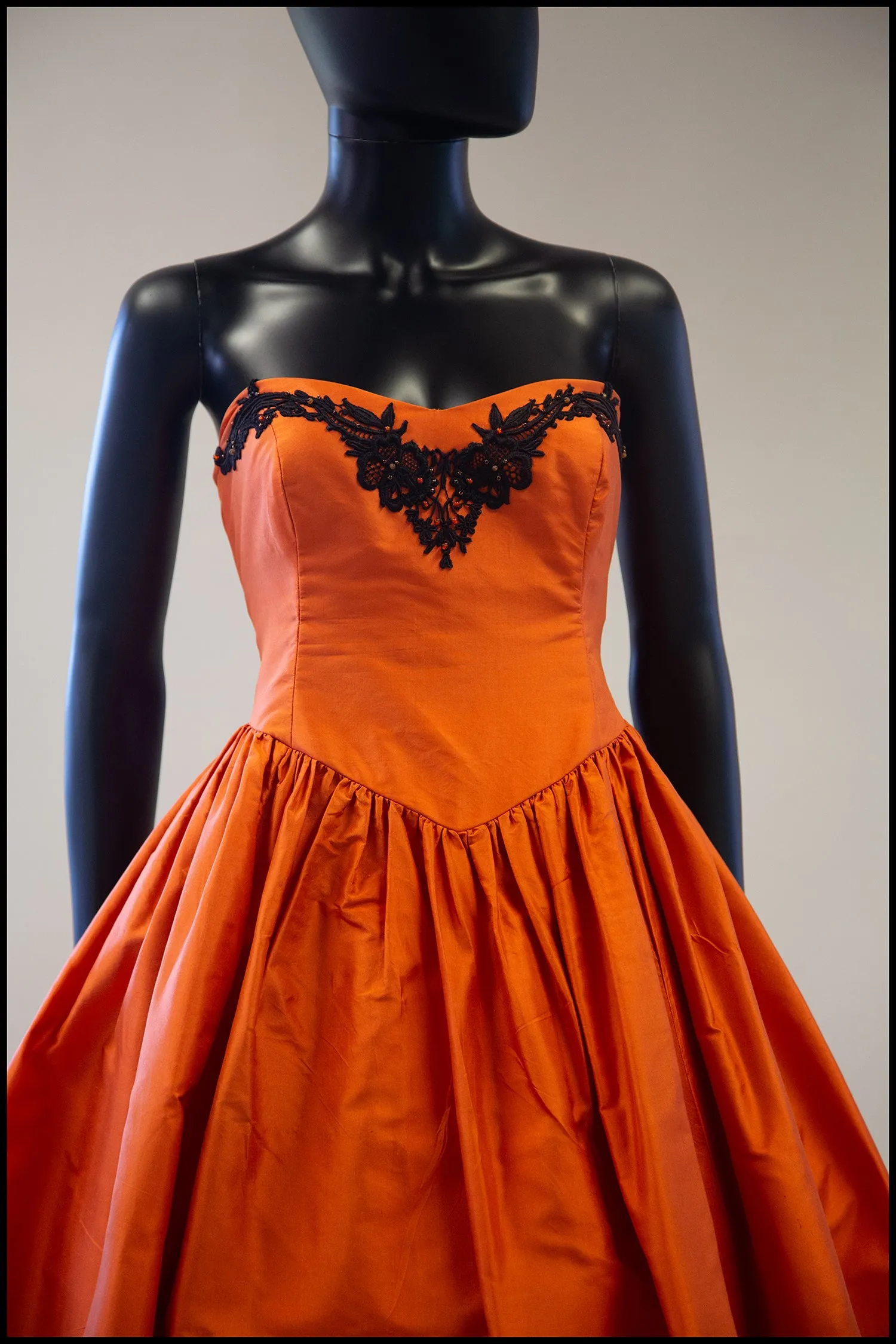 Vintage 1980s Orange Silk Full Skirt Dress M