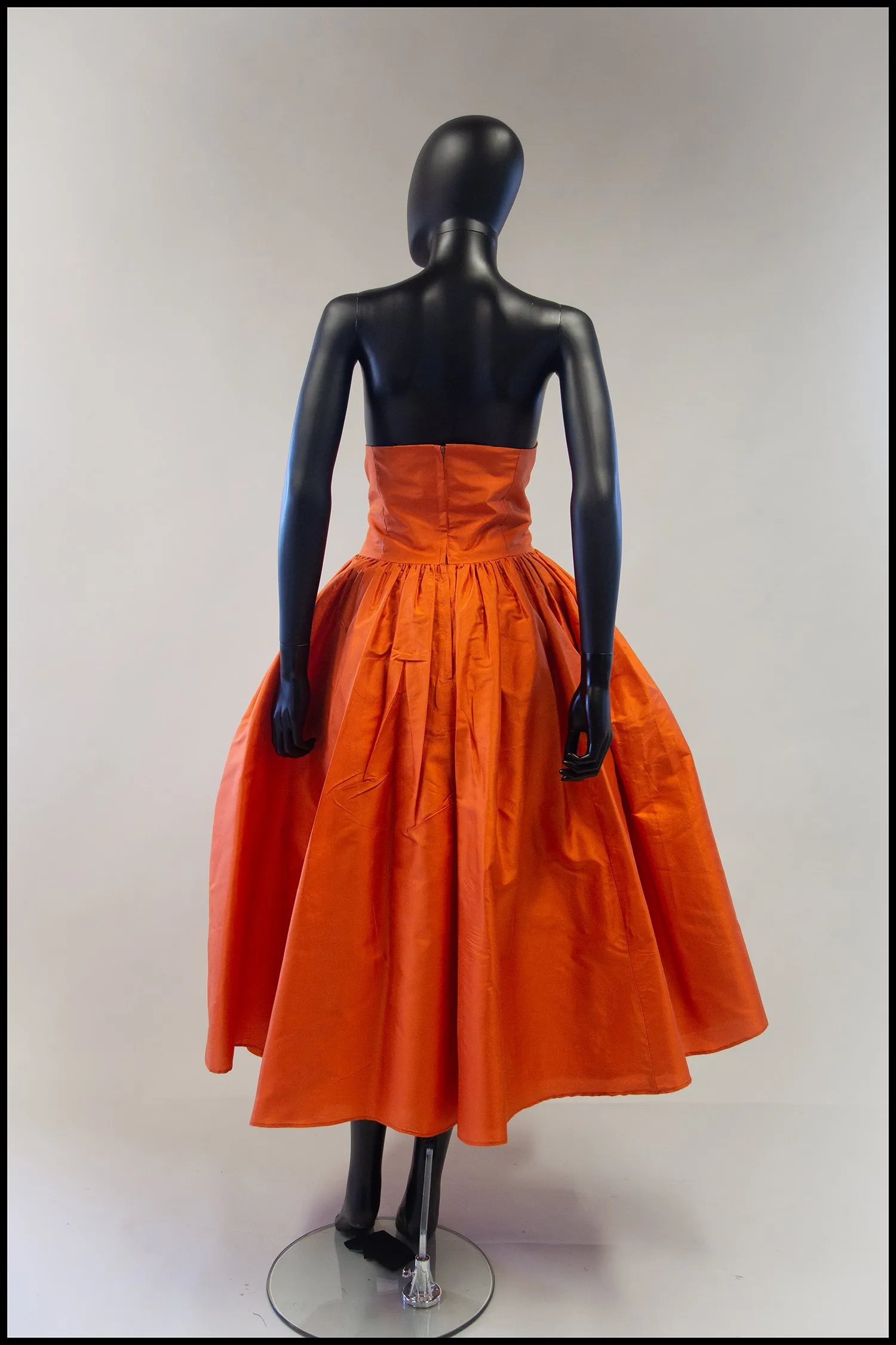 Vintage 1980s Orange Silk Full Skirt Dress M